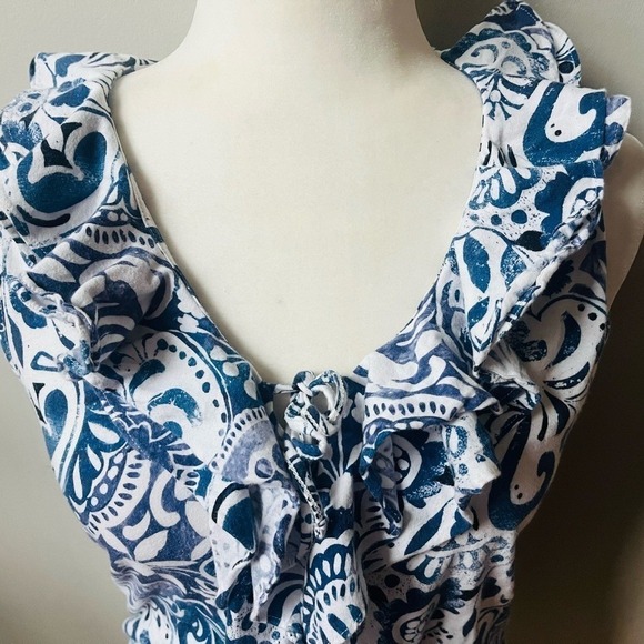 Lauren Ralph Lauren Blue Floral Ruffle Neck Cotton Sleeveless Top Womens Medium - Picture 3 of 12